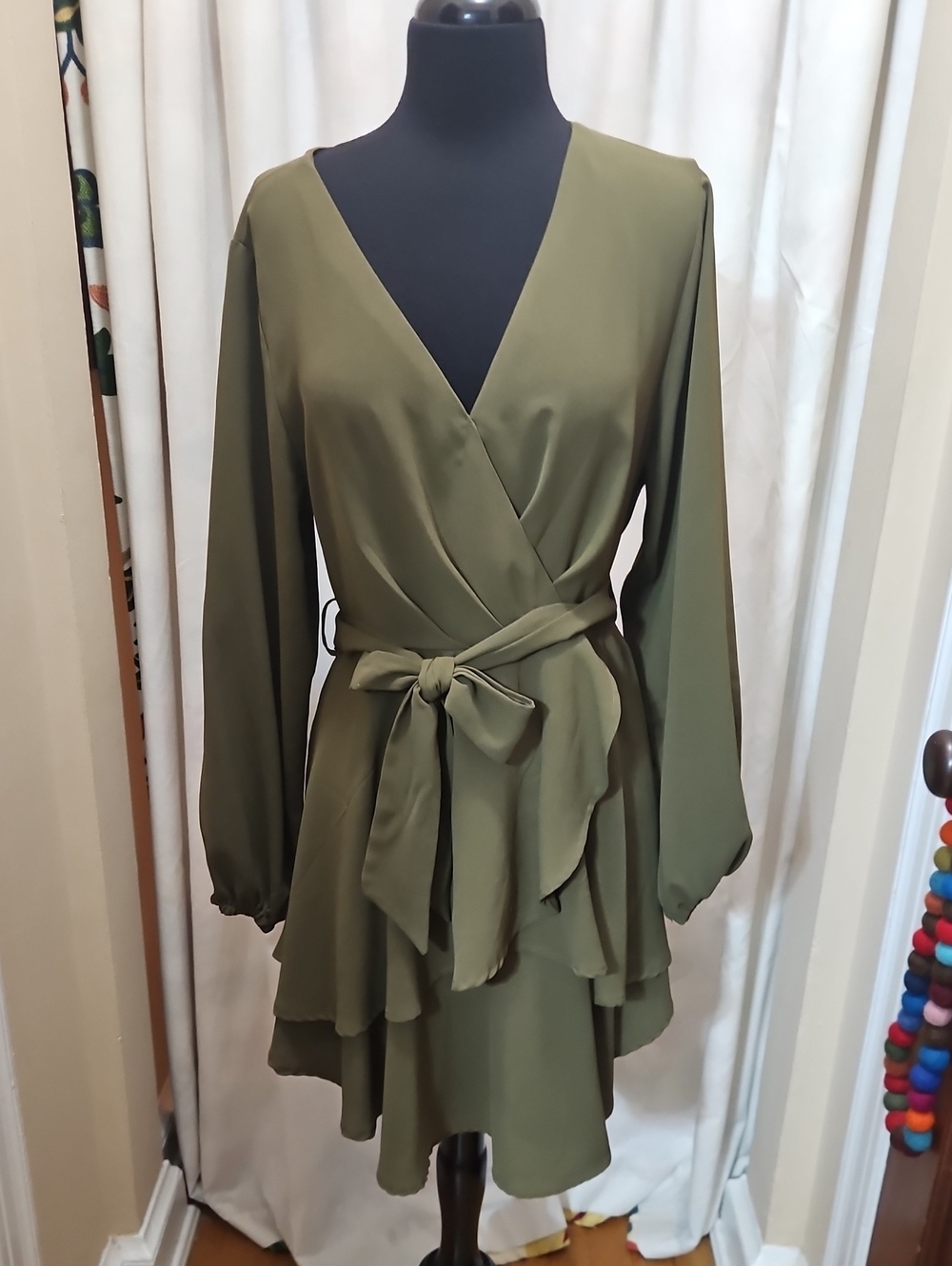 Olive Green Wrap Tie Waist Dress